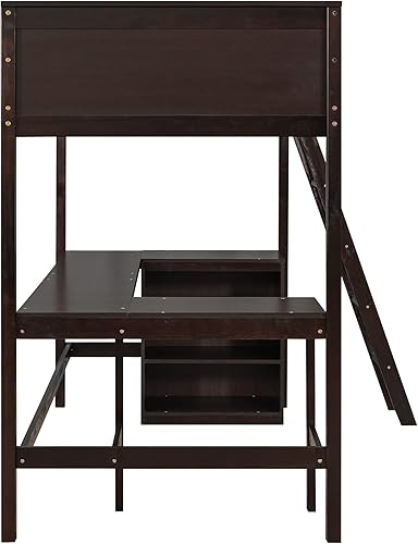 Miniatura 8 de Quarte Cama tipo loft moderna de tamaño individual con escritorio integrado y 3 estantes cama tipo loft de madera con escaleras y barandilla para