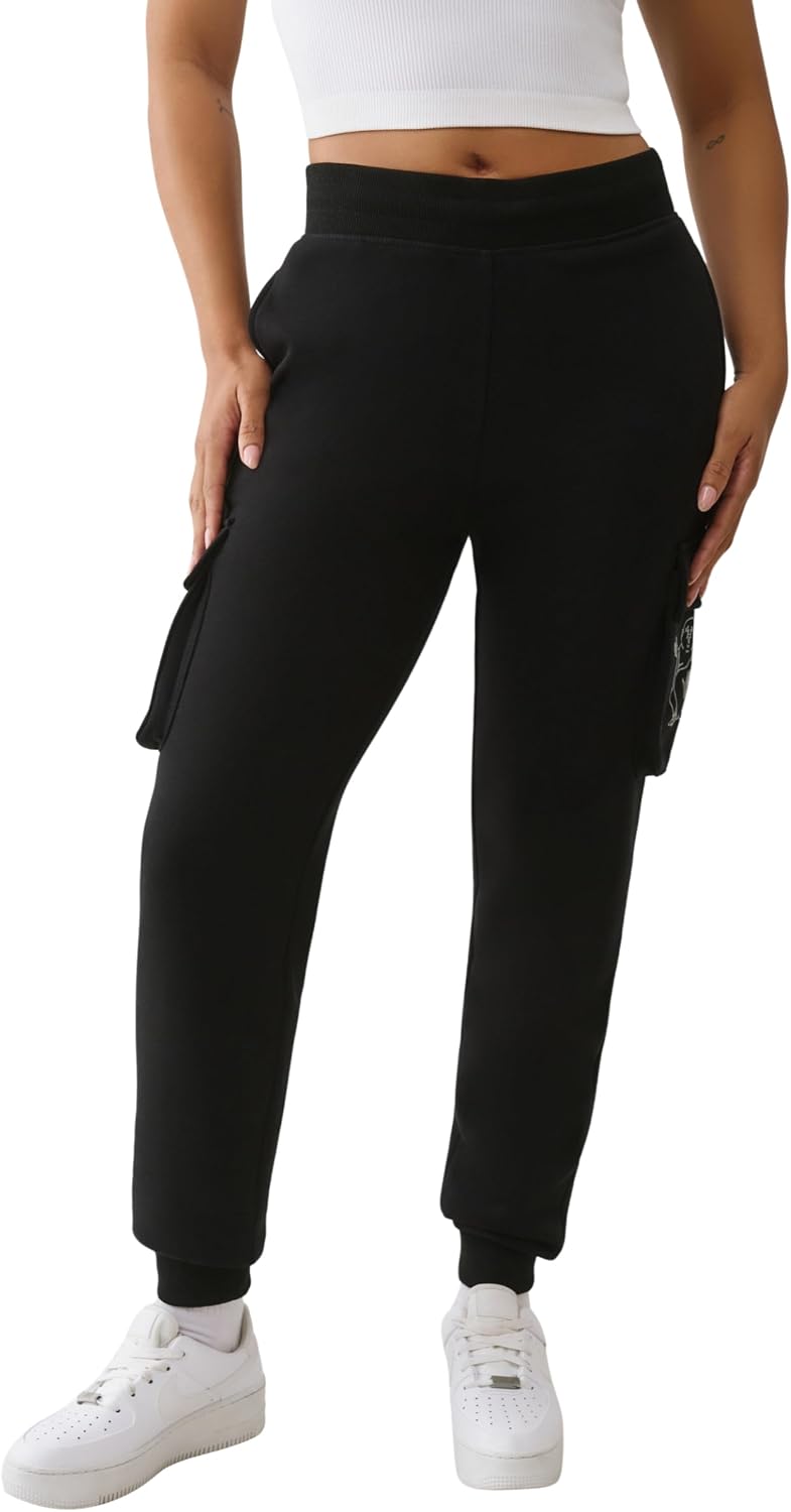 True Religion Buddha Fold Over Cargo Joggers for Women – Fleece Lined, Cozy Streetwear Sweatpants