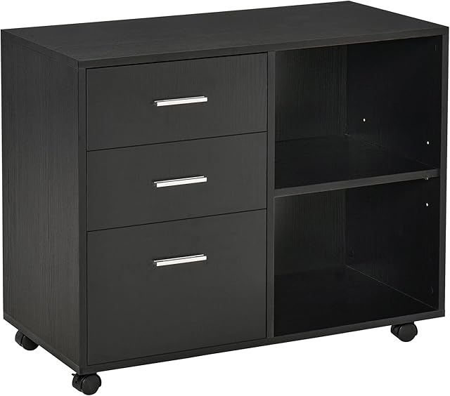 HOMCOM Freestanding Printer Stand Unit Office Desk Side Mobile Storage w/ Wheels 3 Drawers, 2 Open Shelves Modern Style 80L x 40W x 65H cm - Black