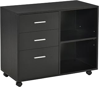 HOMCOM Freestanding Printer Stand Unit Office Desk Side Mobile Storage w/Wheels 3 Drawers, 2 Open Shelves Modern Style 80L x 40W x 65H cm - Black