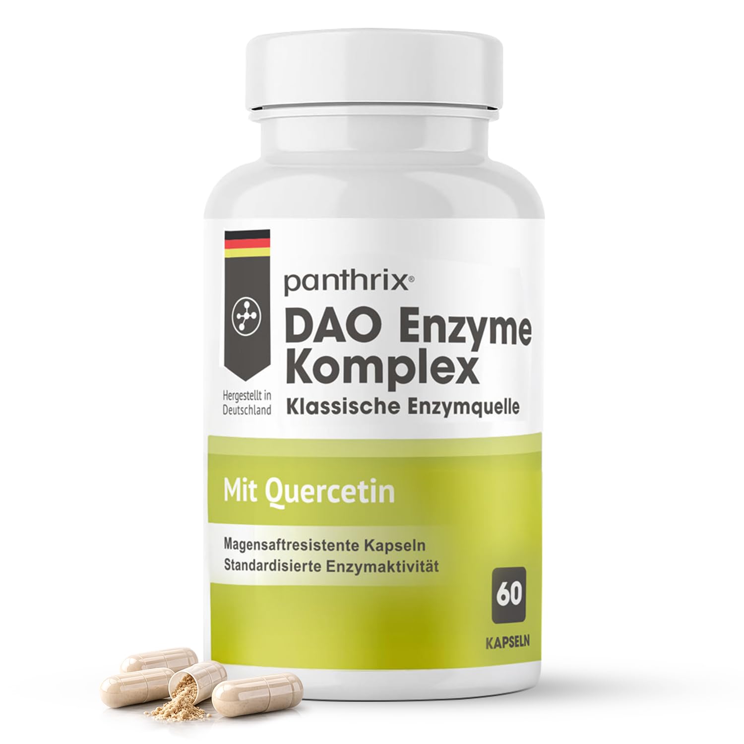 DAO Enzym Komplex mit Quercetin 60 magensaftresistente Kapseln aus Erbsensprossen | Hohe Verträglichkeit & gezielte Darmfreisetzung | Ausgewogene DAO-Aktivität | Laborgeprüft | bis zu 60 Tage