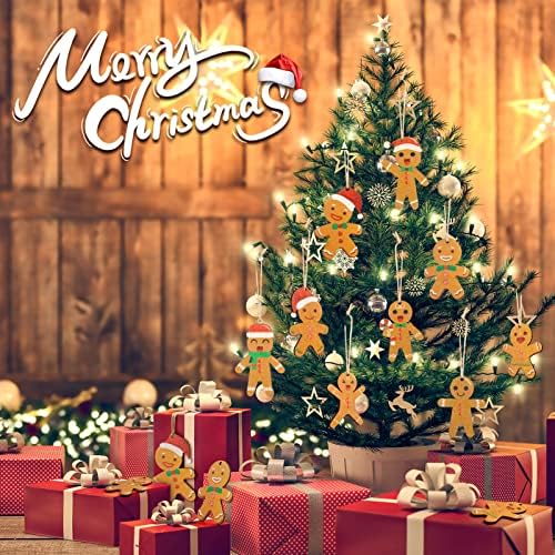 12 Pieces Wooden Christmas Tree Decoration, Christmas Gingerbread Man Wooden Ornaments, Wood Hanging Pendants with String for Christmas Tree Wall Party Decoration