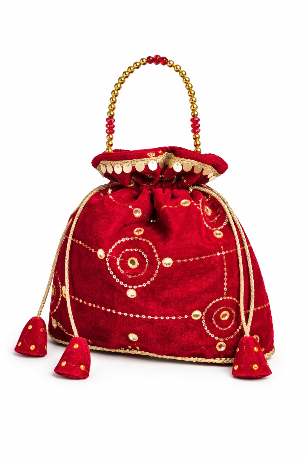 Women Velvet Potli Bag Red with Golden Embroidery & Beaded Handle | Bridal Ethnic Clutch for Wedding, Party, Festive & Gifting-image-2