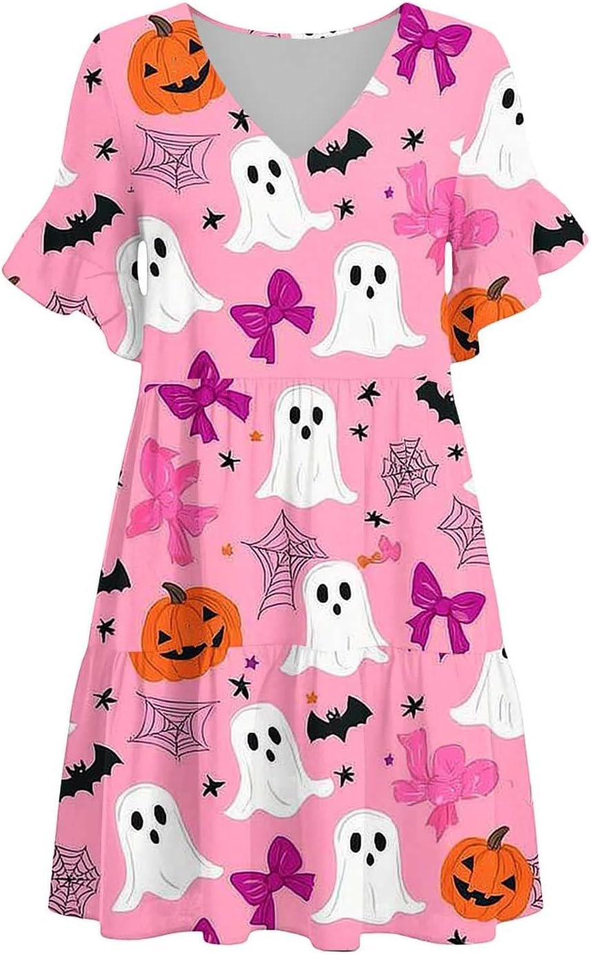 Women Print Nightgown V Neck Ruffle Sleepwear Halloween Dress