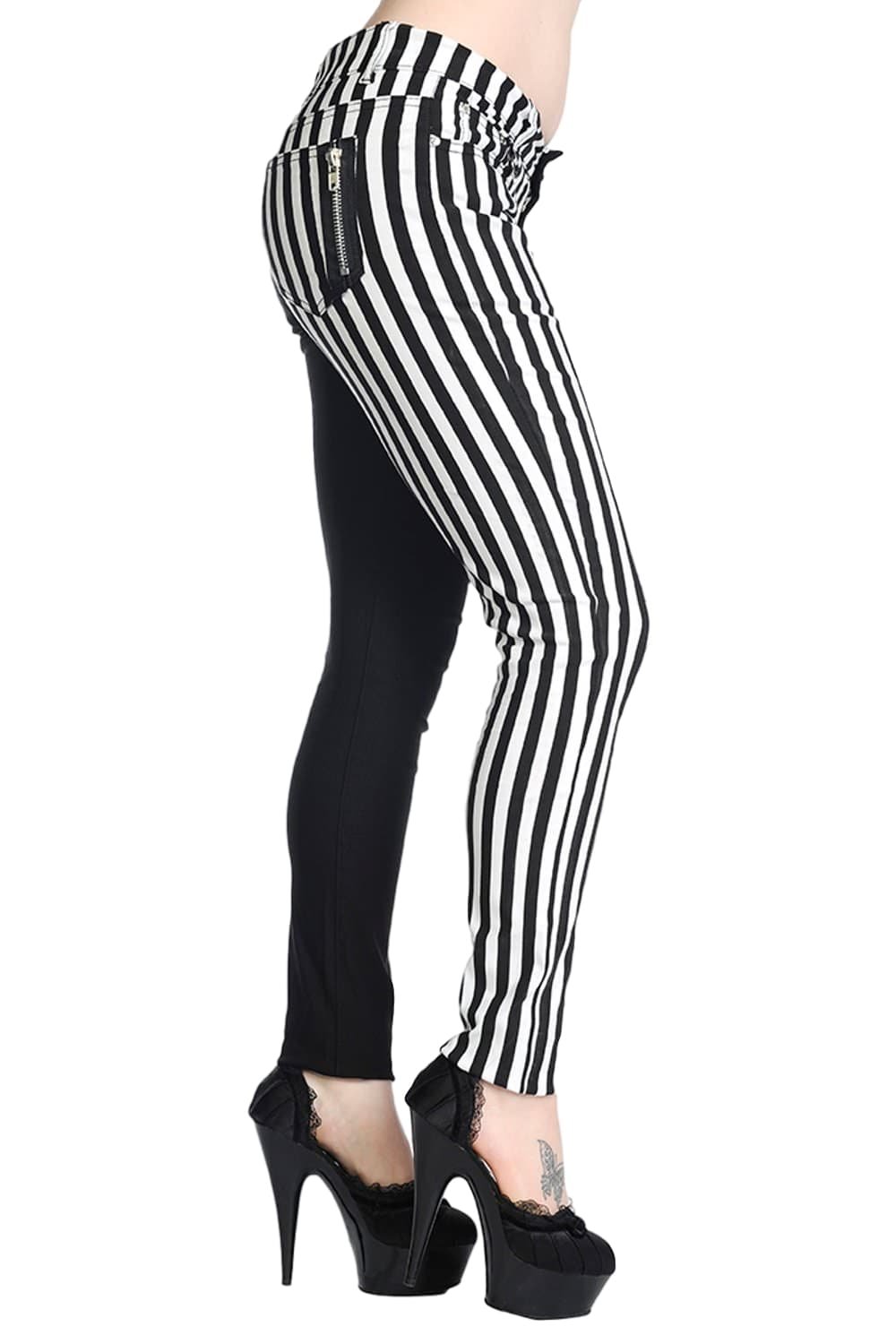Banned Women's White Half Striped Half Black Emo Punk Skinny Split Pants Trousers - (Xl/34/Uk 16)