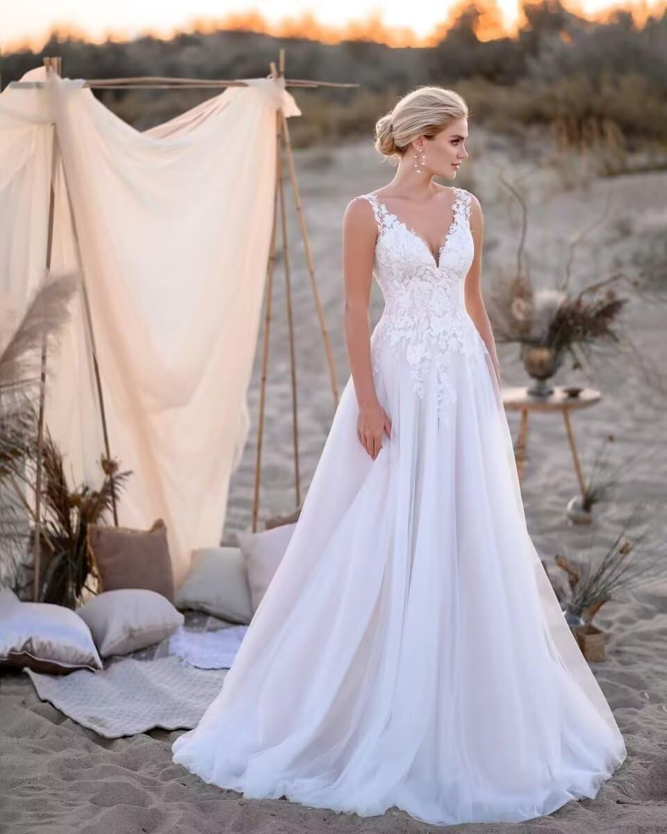 Damen Spitze Brautkleider Lang Hochzeitskleider - Boho Standesamtkleider Brautmode