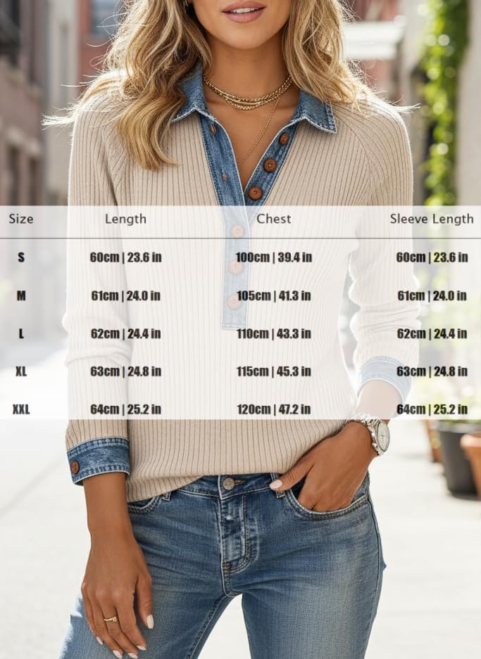 Akivide Women's Denim Patchwork Lapel Collar Long Sleeve Top Casual Loose 2 in 1 Work Layered Pullover Shirt Sweatshirt - Image 3