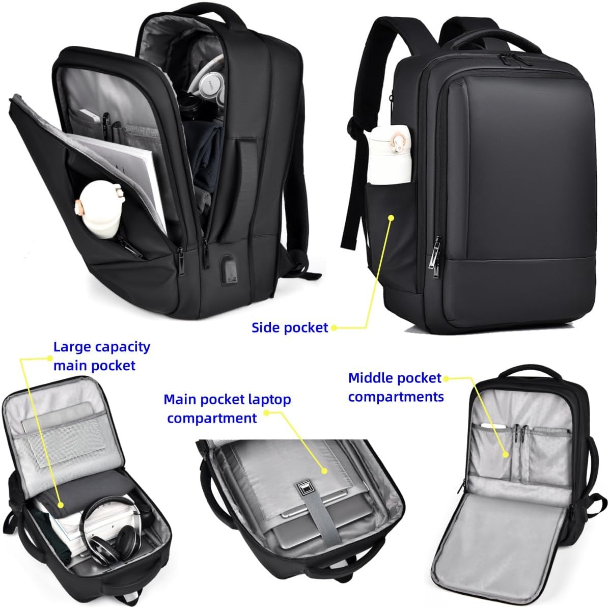17/15.6" Business laptop backpack, PU Travel backpack,carry on backpack, Expandable laptop backpack Women Men,college backpack (02#updated, Black)