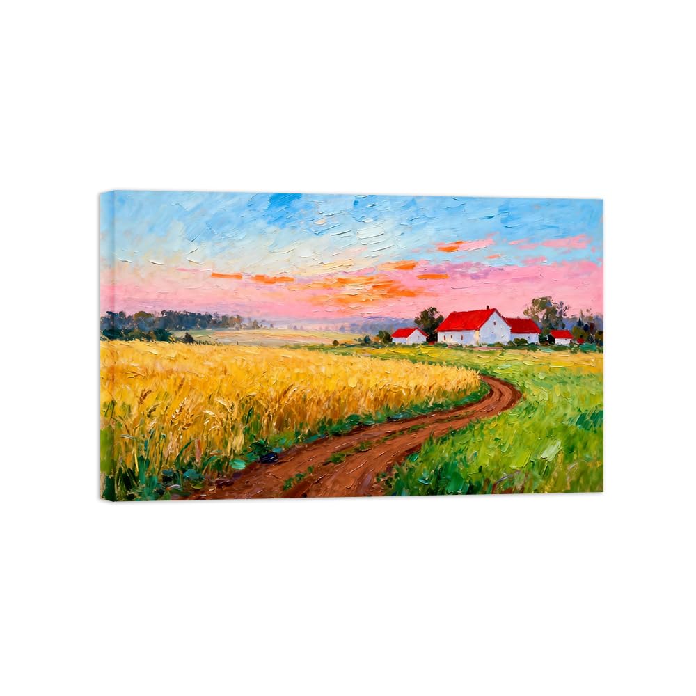 Ozpwbvy Wrapped Canvas Field House Landscape Canvas Wall Art Picture 40X65cm Framed