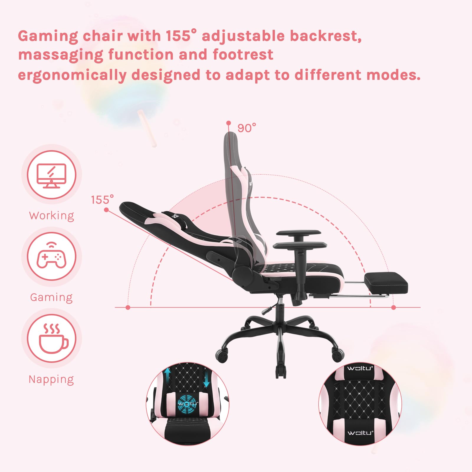WOLTU Chaise Gaming, Chaise Bureau Massante, Fauteuil Ergonomique avec Coussin Lombaire Massant, Siège Large à Ressorts, Appui-tête, Repose-Pieds, Tissu Maille, Charge 150kg, Noir+Rose