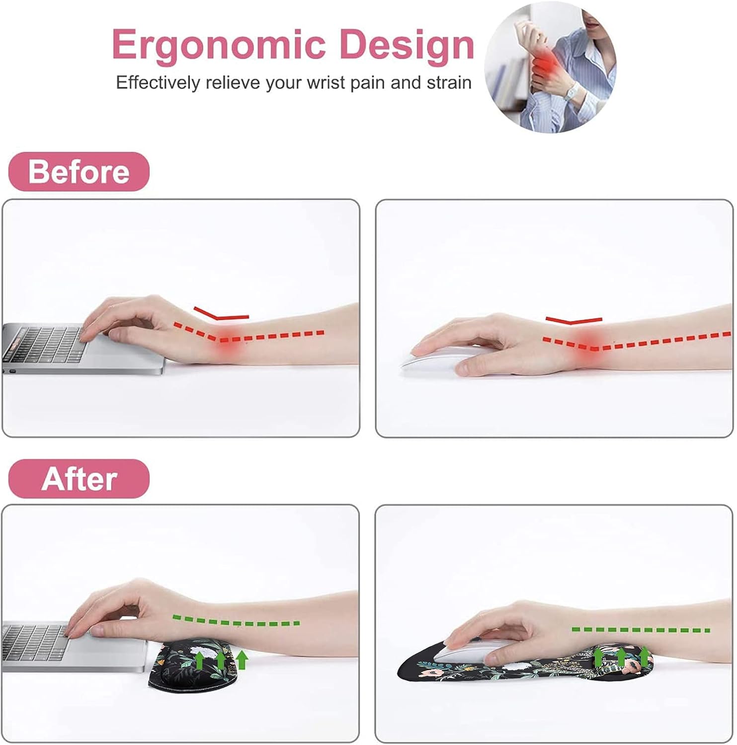 MOSISO Wrist Rest Support for Mouse Pad&Keyboard Set, Wild Flowers Ergonomic Mousepad&Coaster Non-Slip Base Home/Office Pain Relief&Easy Typing Cushion with Neoprene Cloth&Raised Memory Foam, Black - Image 3