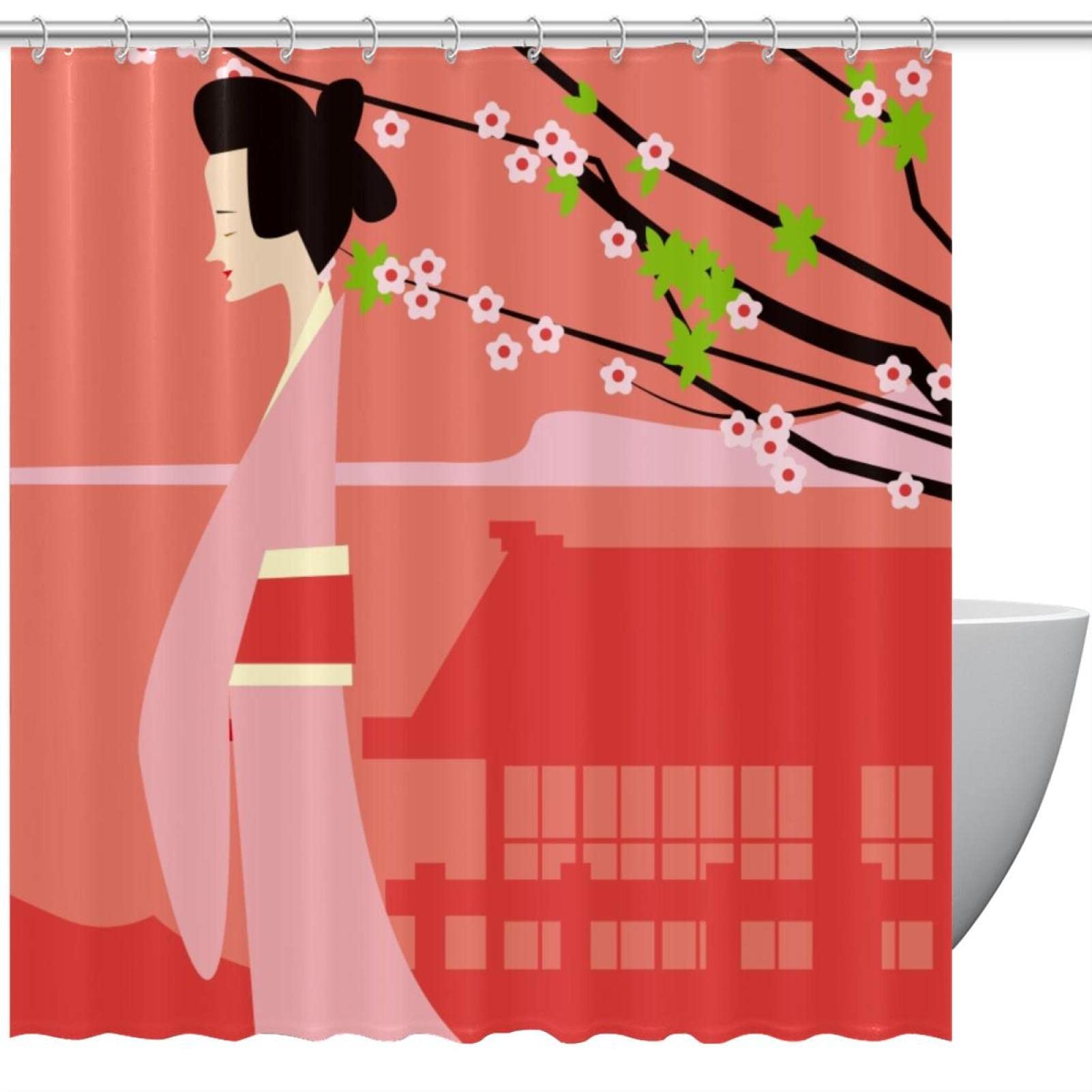 Rideau de douche aquarelle et fleur de prunier pour créer un spa japonais chez soi
