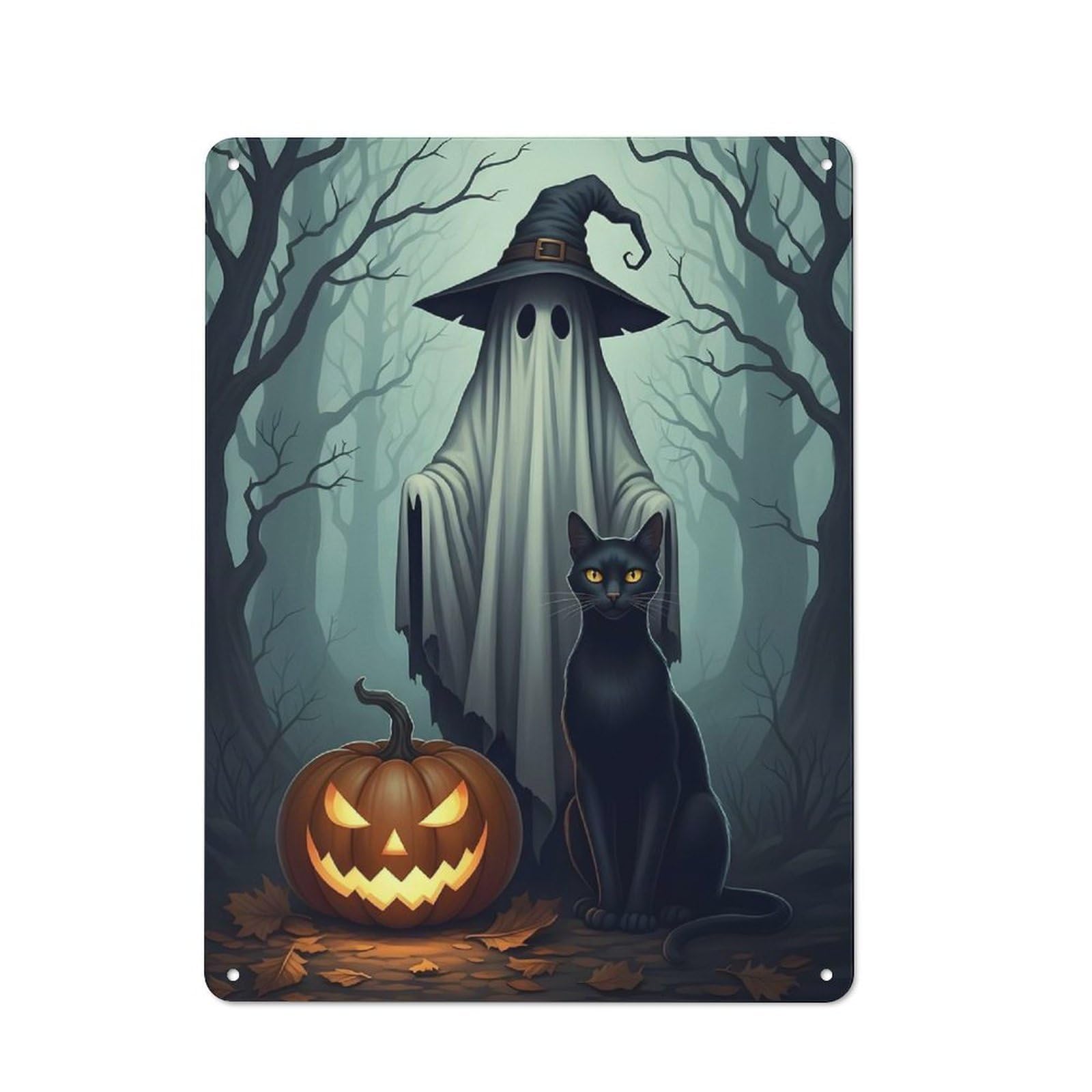 Junmoney Halloween Ghost, Cat, And Pumpkin Scene Vintage Garden Room Metal Sign 40X30cm, Garden Room Wall Plaque For Patio Bar, Workshop, Shed Or Kitchen