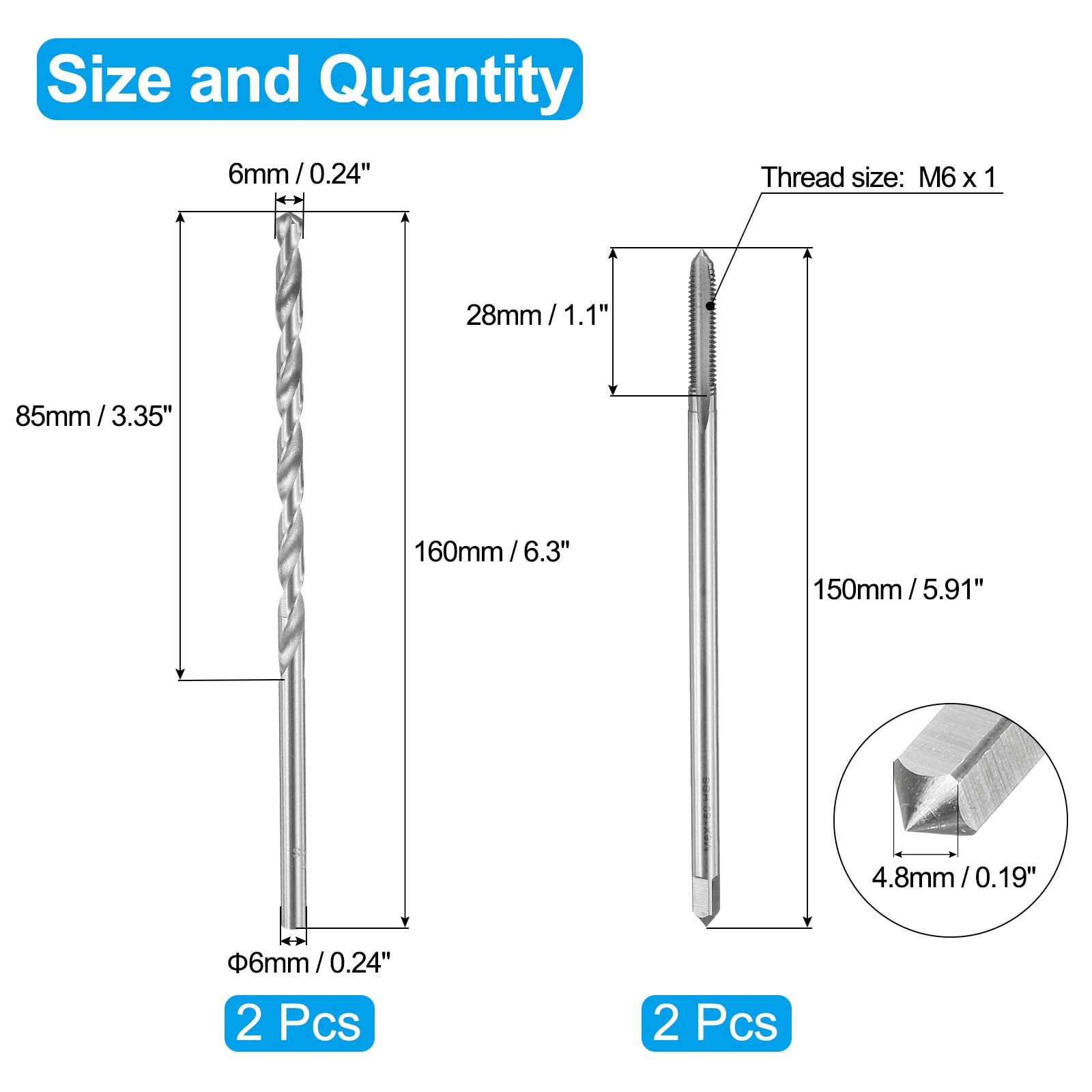 QUARKZMAN Set di Punte e Maschi per Filettare, 2pz M6 x 1 Metrico Maschi a Flauto Dritto 150mm Extra Lungo & 2pz Punte da Trapano da 6mm 160mm Extra Lungo, Attrezzo per Filettatura HSS-6542