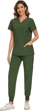 COZYFIT Scrubs for Women Set - Stretch V-Neck & Jogger Pant with 9 Pockets | Yoga Waistband, Water Resistant Workwear, Slim Fit Look, For Nurses, Clinics, Long Shifts, Daily Medical Uniforms