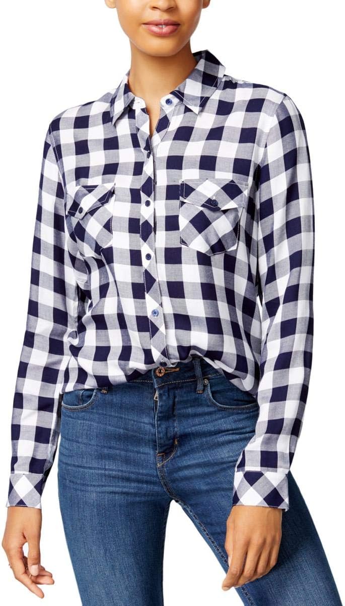 Womens Check-Print Button Up Shirt