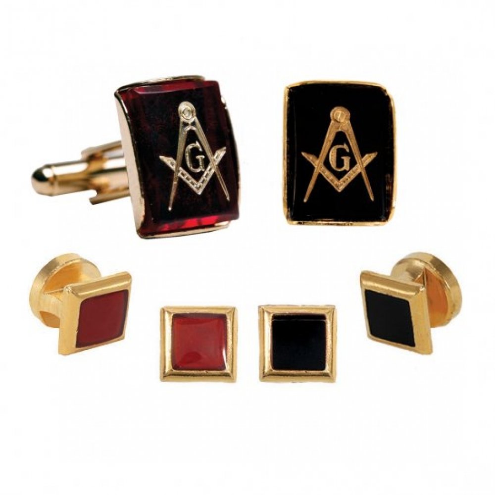 David's Formal Wear Mason Insignia Inlay Ruby with Gold Trim Studs and Cufflinks