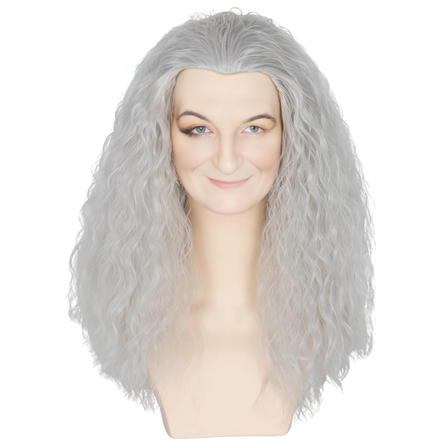 PORSMEER Movie Film Role Cosplay Witch Wig Grandma Old Lady Wig Grayish-white Sorceress Long Curly Fluffy Silver Grey for Halloween Costume Party