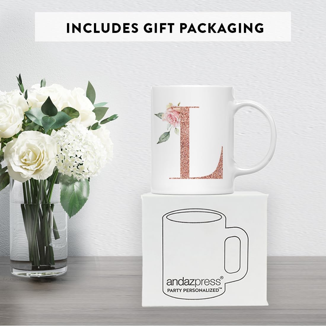 Andaz Press 11oz. Coffee Mug Gift, Pink Watercolor Roses with Faux Rose Gold Glitter Monogram Letter L, 1-Pack, Includes Gift Box, Christmas Birthday Mother's Day Graduation Coworker Present Ideas