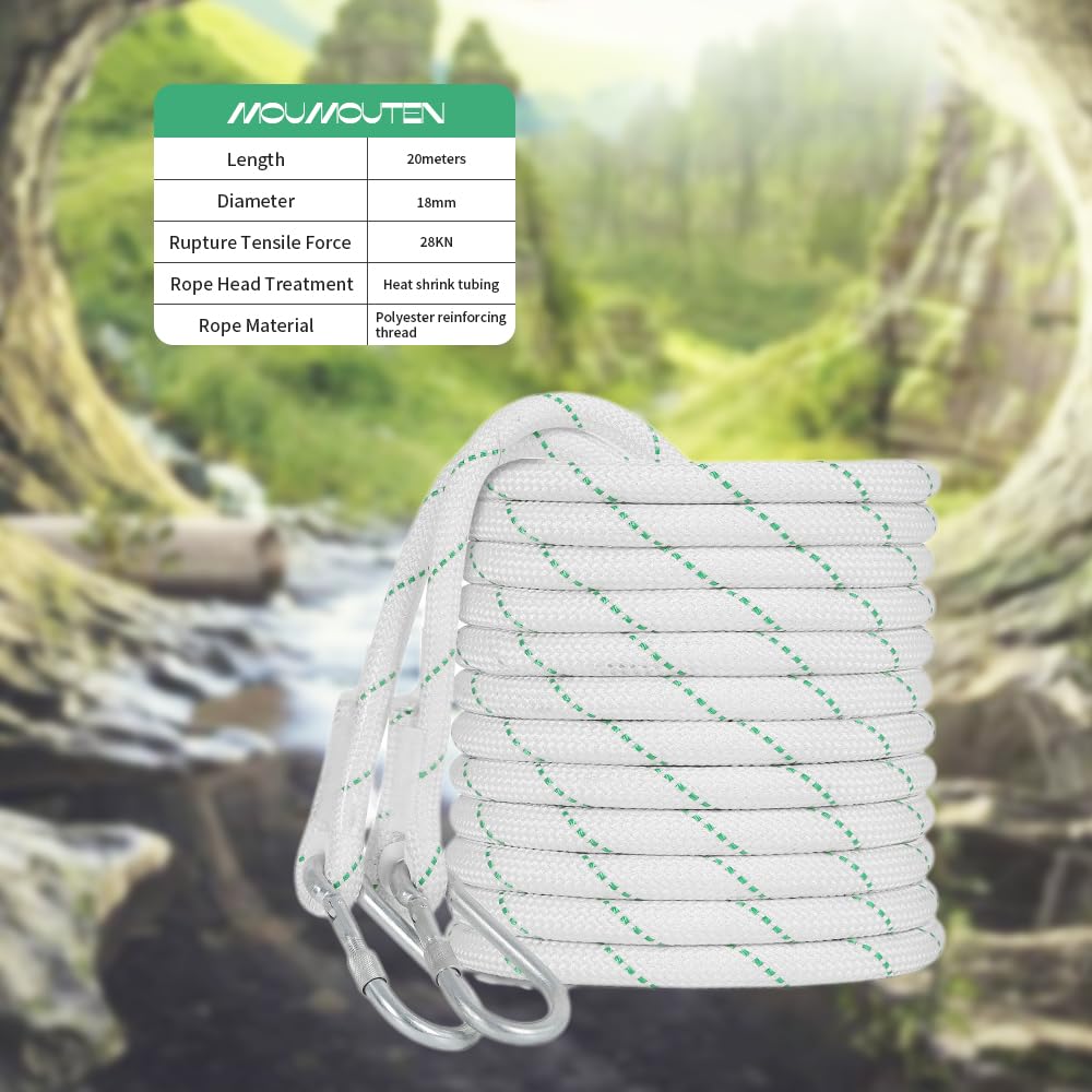 Corde de sécurité, Corde de Travail en Hauteur de 20 mètres de Longueur, Rappel Blanc avec 18 mm de diamètre et 28 KN de Traction (avec Verrouillage à Crochet de 15 KN)