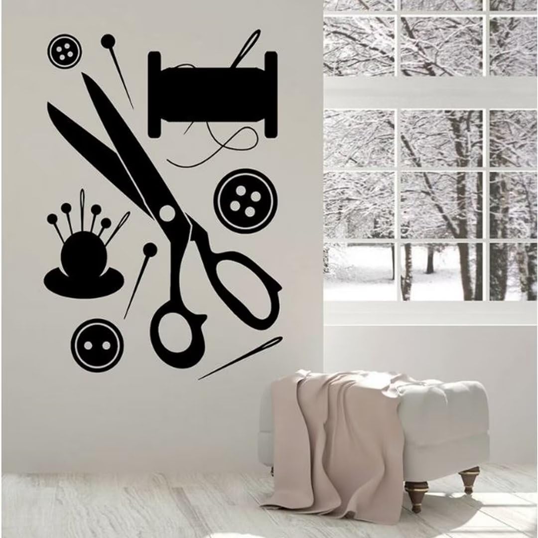 Tailor Shop Wall Decal Sewing Atelier Scissors Button Needle Threads Wall Stickers Vinyl Removable Sewing Wall Decor Mural 42X61CM