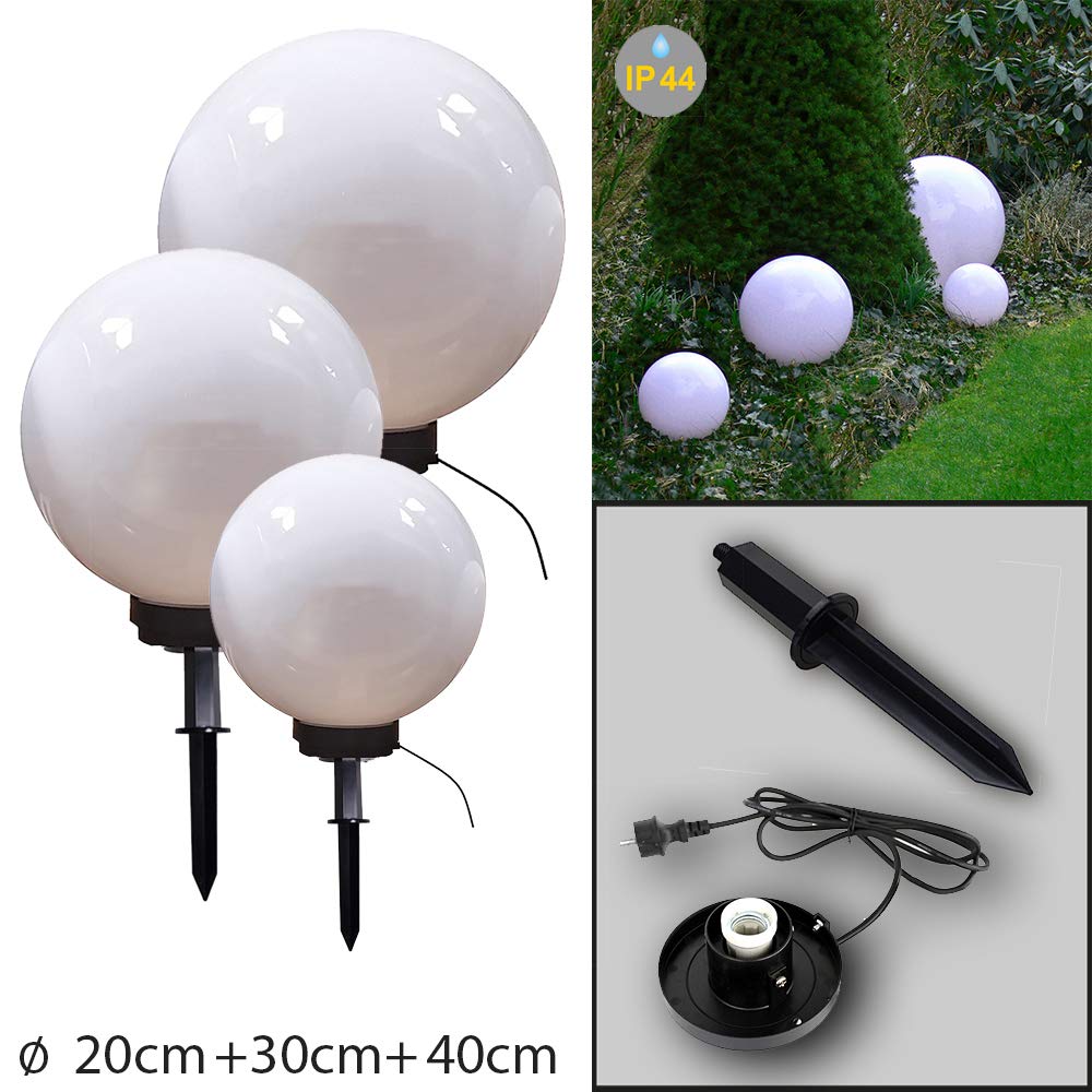 Dapo 3X Außen-Garten-Kugel-Leuchte MARLON D:20+30+40cm Kunststoff-Kugel weiß mit Erdspieß, strombetrieben E27x1, IP44 Dekorations-Wege-Lampe