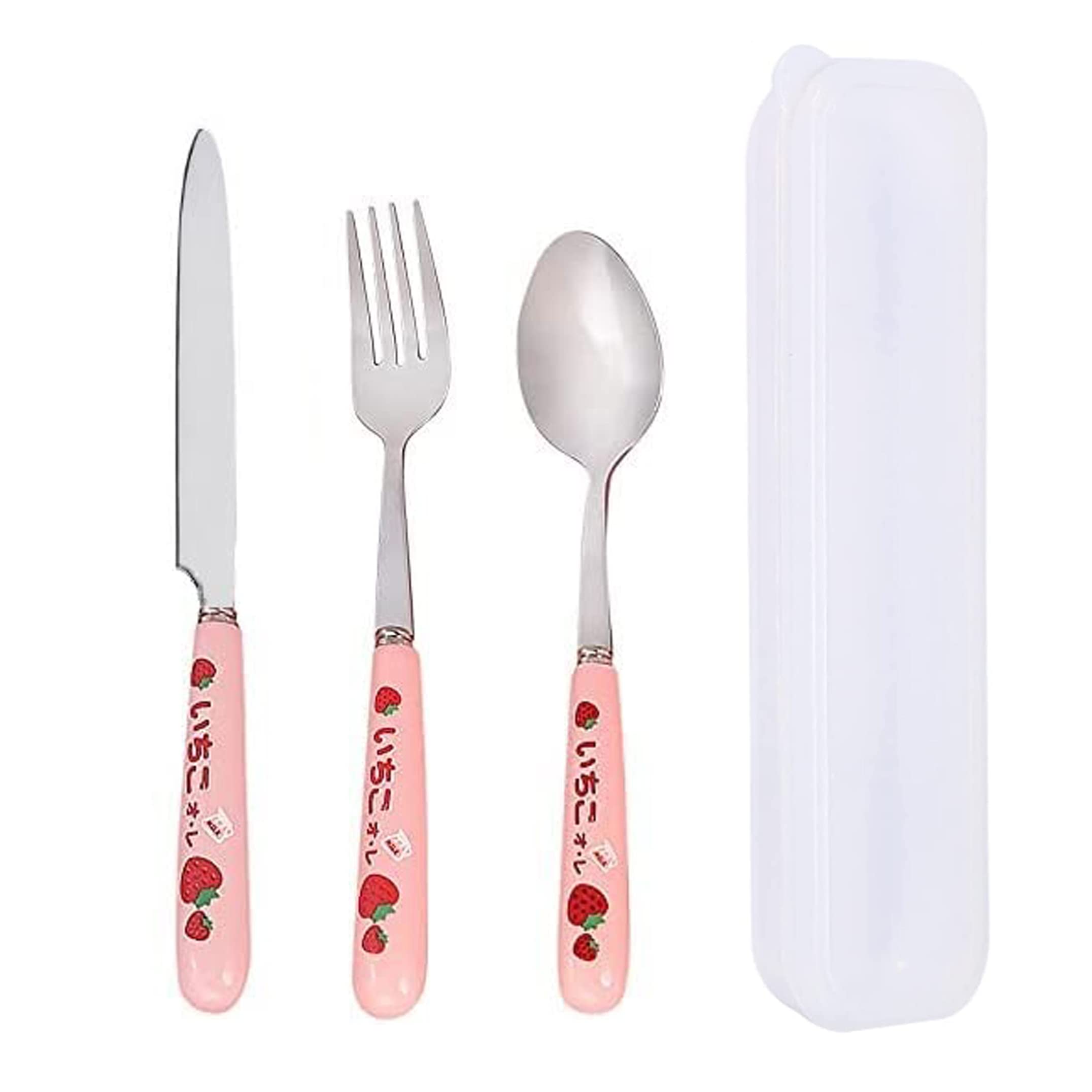 ARURA (LABEL) 3pcs Stainless Steel Dinnerware Set Fork Spoon Knife Dinnerware Set with Case Fork Coffee Teaspoon with Ceramic/Plastic Handle (Pink)