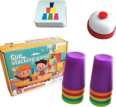 6Pcs Reusable Plastic Cups, Cup Stacking Game, Colorful Cup Stackings Set With Bell and 50 Cards, Speed Cup Game For Kids, Quick Stack Cup With Question Cards & Stack Competition For For Training