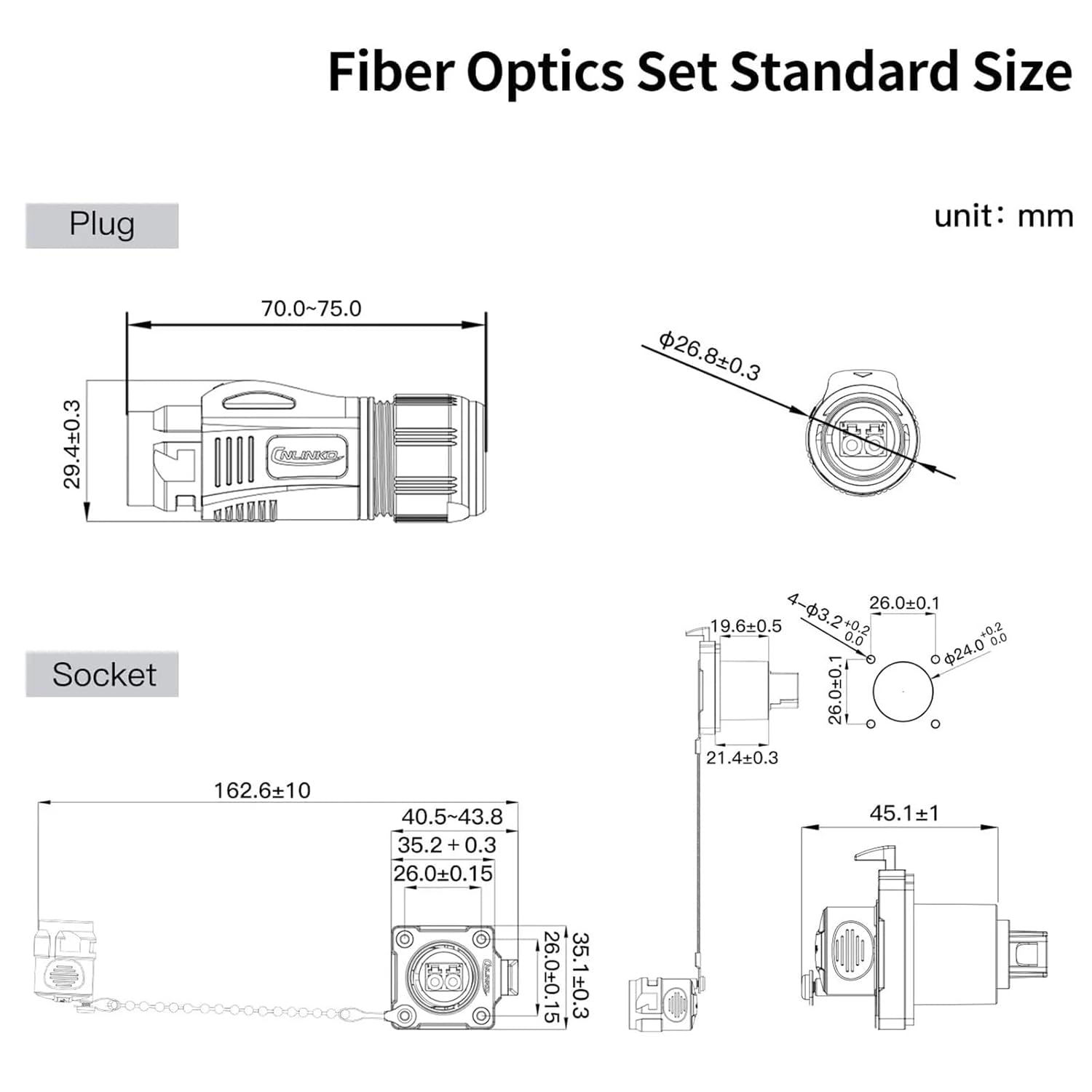 1Pcs M24 Zinc Alloy Waterproof Single Mode Optical Fiber Connector LC-LC Fiber Optic Adapter with 0.5/1/3meters Extention Cable(Plug(1m) Socket)