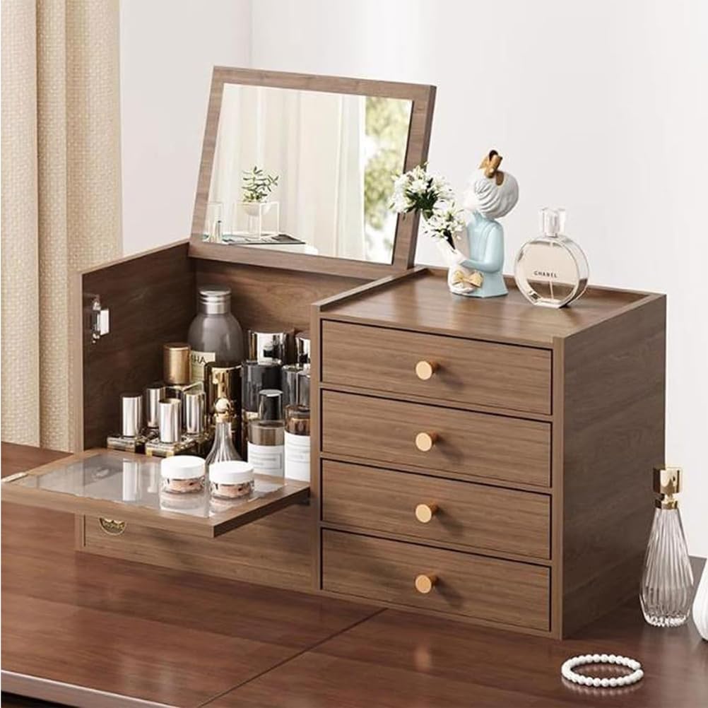 Hlixzoy Cosmetic Storage Box with 4 Drawers & Built-In Mirror – Sturdy Solid Wood Vanity Makeup Organizer, Compact And Durable