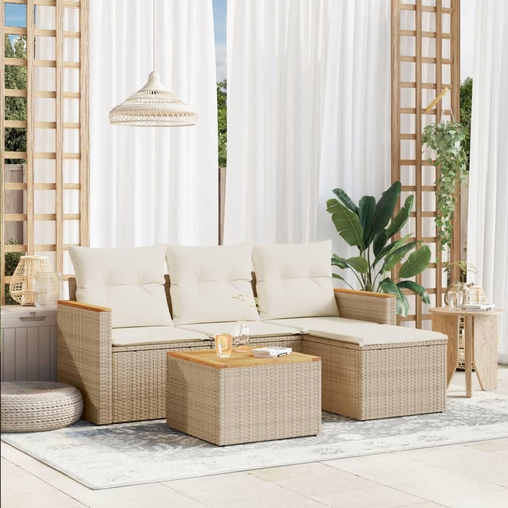 Festnight Conjunto Jardín de Ratán con Cojines Gruesos, Muebles Jardín Exterior con Almacenamiento, Sofá para Jardin Terraza Resistente a la Intemperie,Beige 5 pzas Type-59