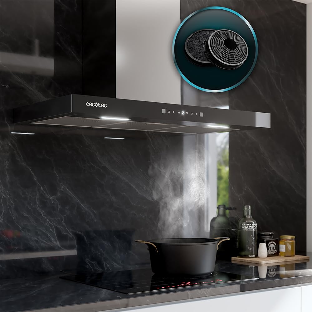 Cecotec Cappa Aspirante 90 cm Flux TT 905500 Glass Black A++. 70W, Finitura Frontale In Vetro Nero, Basso Consumo Energetico, Aspirazione 550M3/H, Touch Control, 3 Livelli, Luce Led, Filtro Carbone