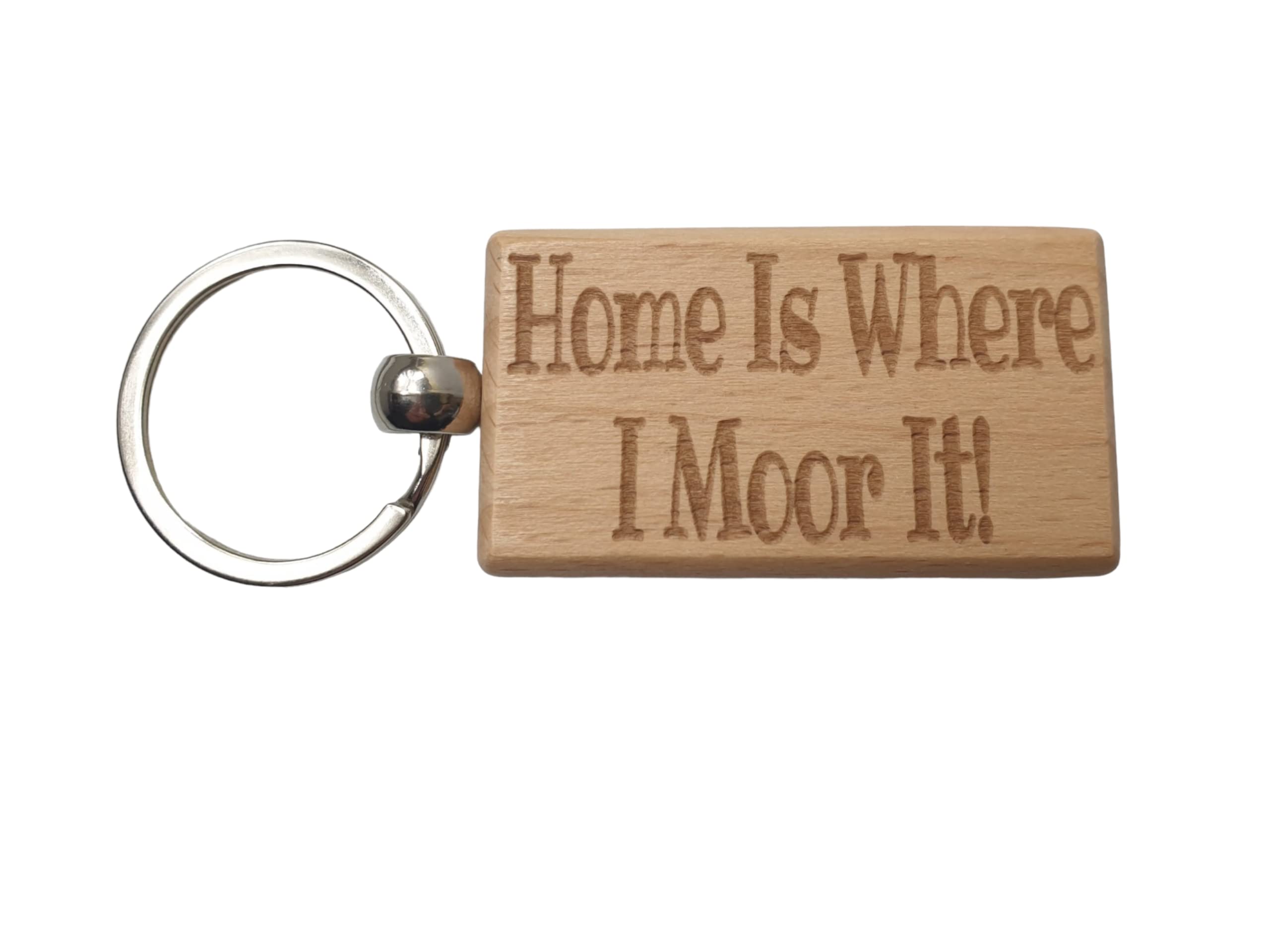 Decalarama Brown Narrowboat Keyring Gift - Home Is Where I Moor It Engraved Hardwood Key Fob Novelty Nice Custom Barge Canal Boat Present