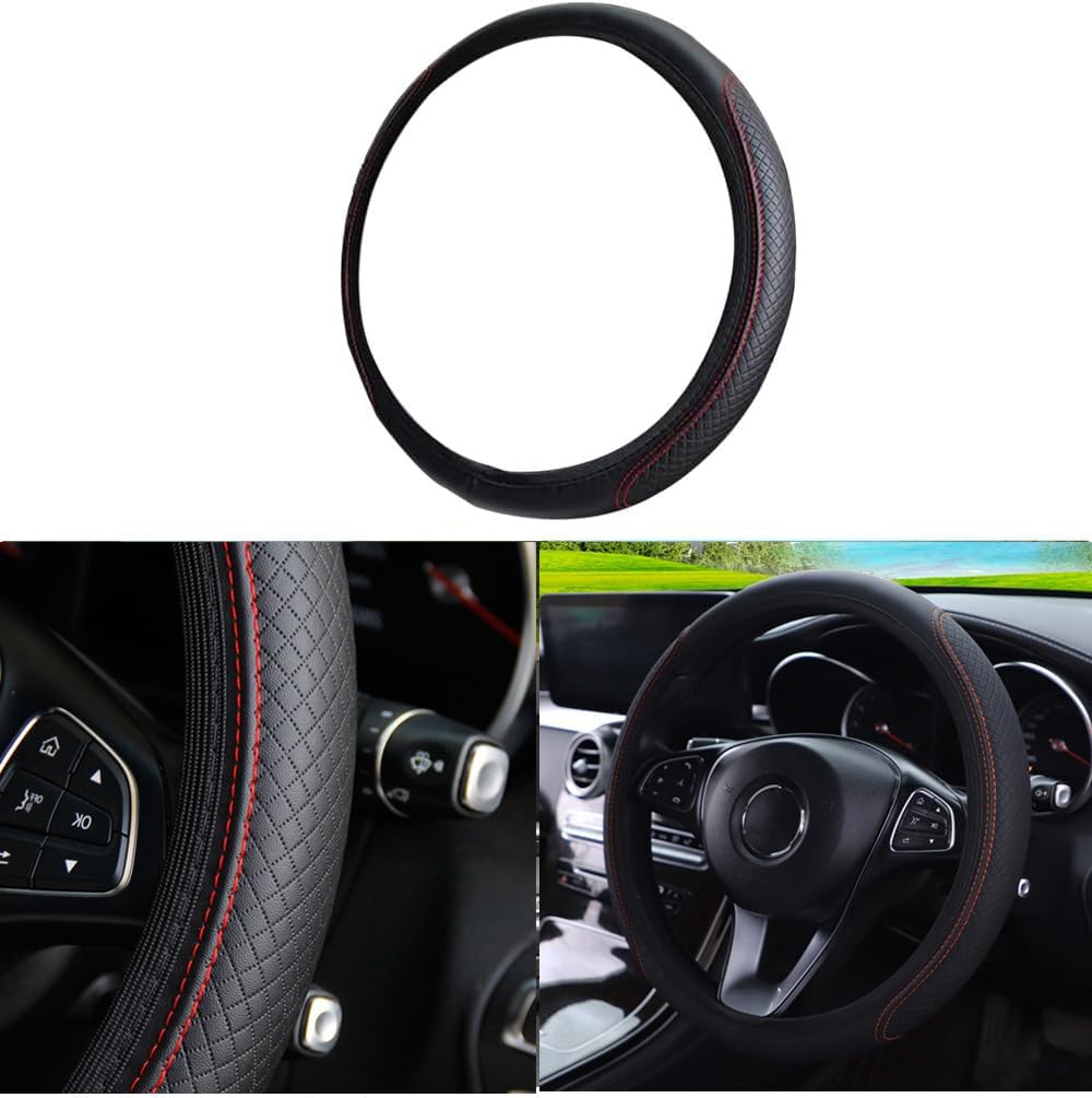 Leather Car Steering Wheel Cover, 15 Inch Universal Wheel Cover, Anti Slip Leather Steering Wheel Cover for Car Decorations & Protections, Accessories Interior for Men/Women Sport Style Design