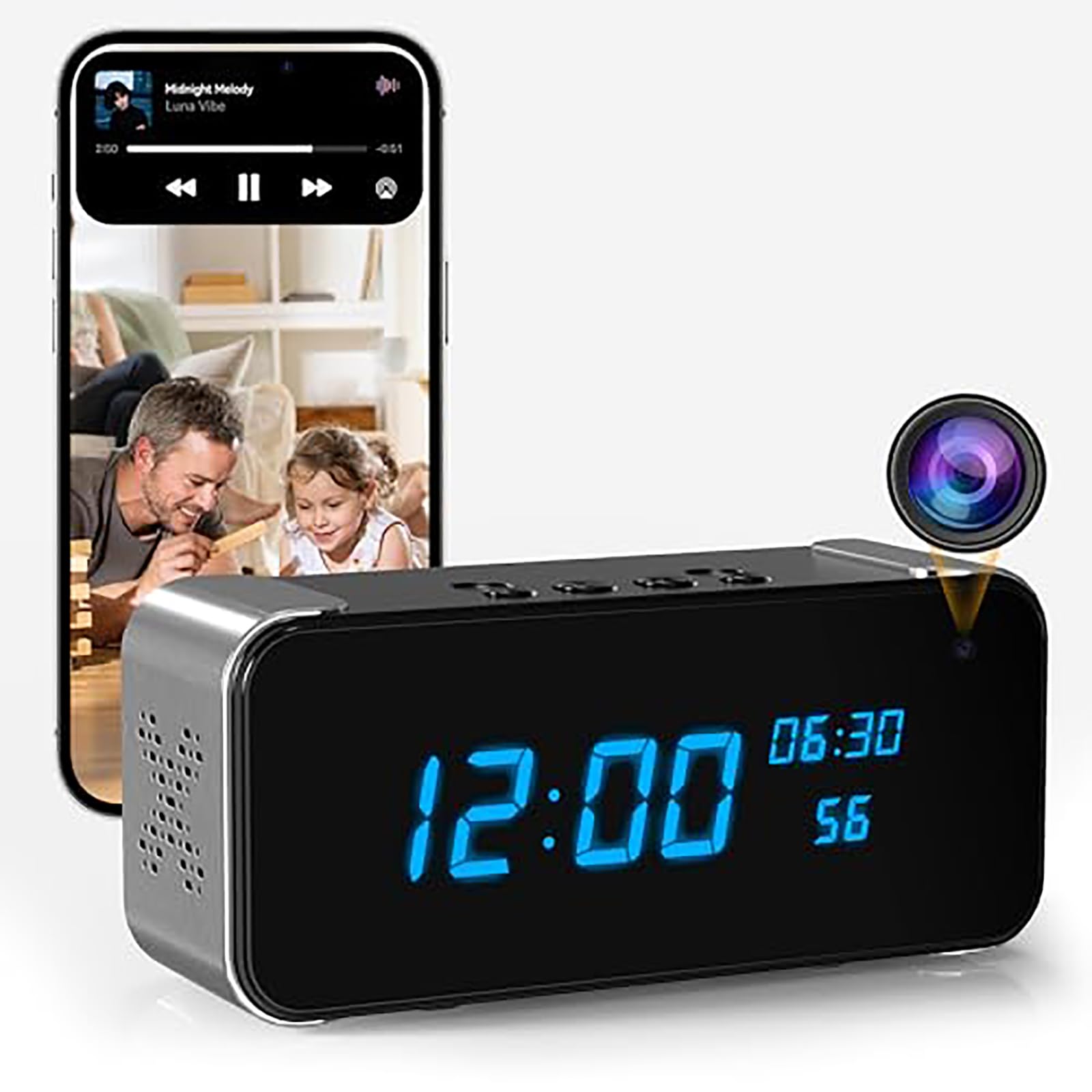 Telecamera Spia Nascosta,Telecamera di Sicurezza Domestica 4K WiFi, Microcamera Spia 3-in-1 con Altoparlante Bluetooth, Visione Notturna e Funzione Sveglia