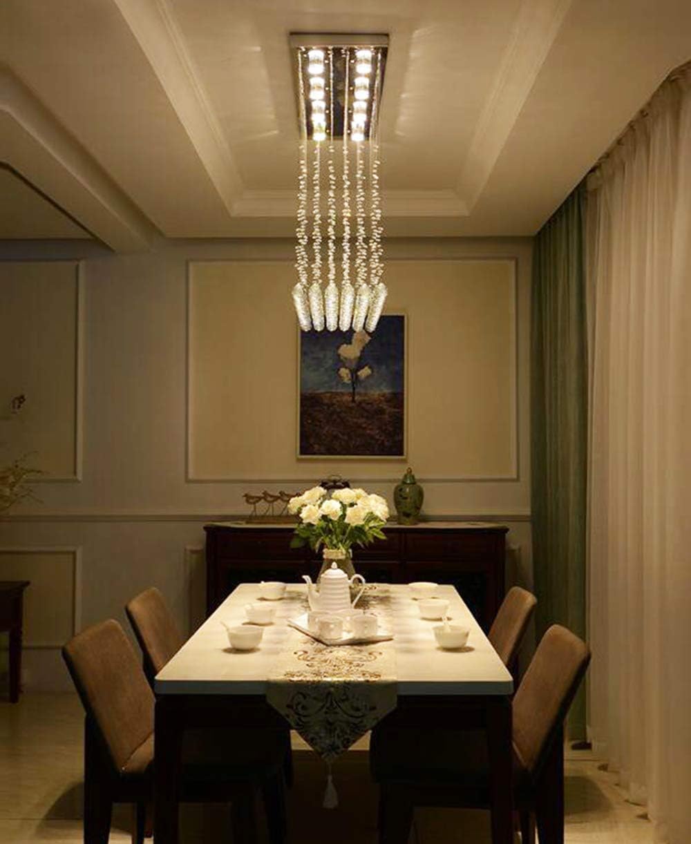 Review Discount Moooni Modern Rectangle Crystal Chandeliers Raindrop Rectangular Flush Mount Ceiling Light Fixture for Dining Room Kitchen Island 8 Ligths L31.5x W12x H31.5