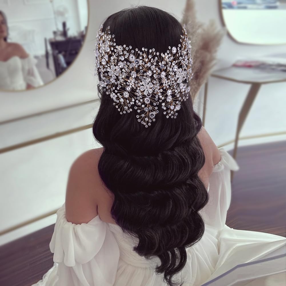 Diadema de diamantes de imitación para novias, hecha a mano, para boda, accesorios para el cabello (dorado + aretes de gancho para las orejas)