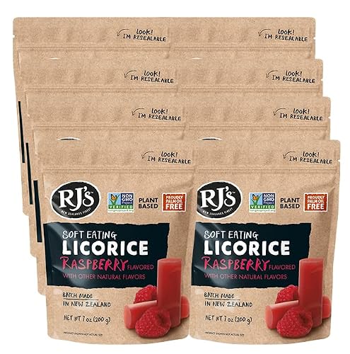 Soft Eating Black Licorice (8-Pack) - Raspberry Licorice (8-Pack) - Rj's Licorice (8) 7.05Oz Bags - Non-Gmo, No Hfcs, Vegan-Friendly & Kosher - Batch Made In New Zealand #TOP2