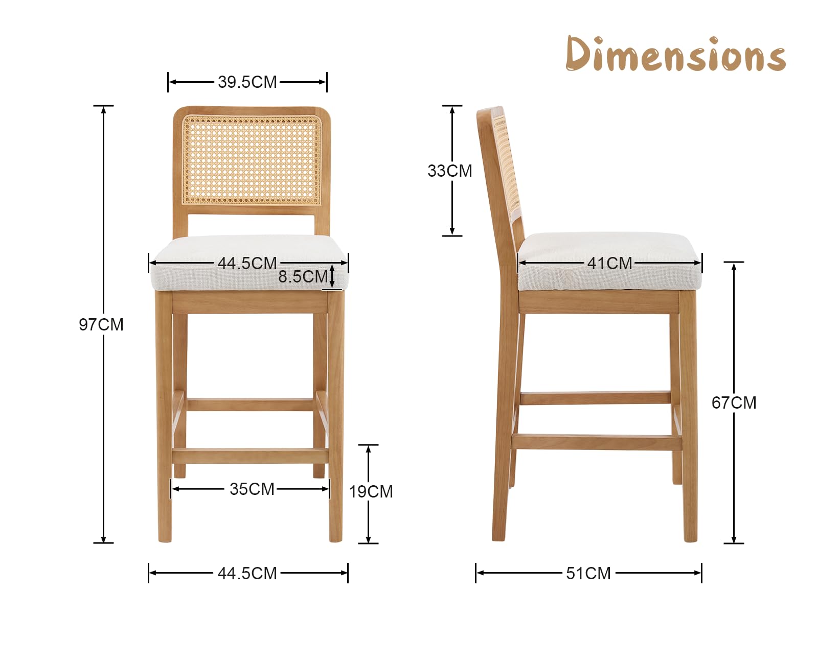 chairus 2PCS Sillas Altas Madera para Isla de Cocina, Blanco | Asiento Acolchado, Con Respaldo Ratán, Para Cocina/Barra