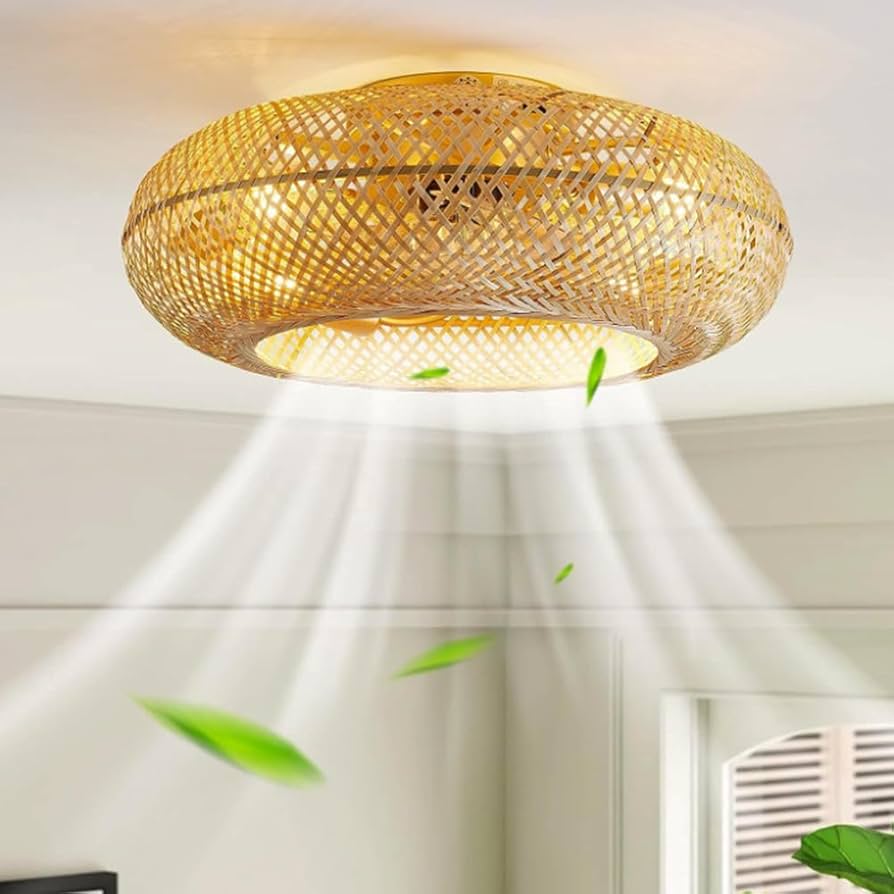 Ventilatore A Soffitto In Bambù Retrò Con Luce E Telecomando - 50cm, 6 Velocità, Reversibile