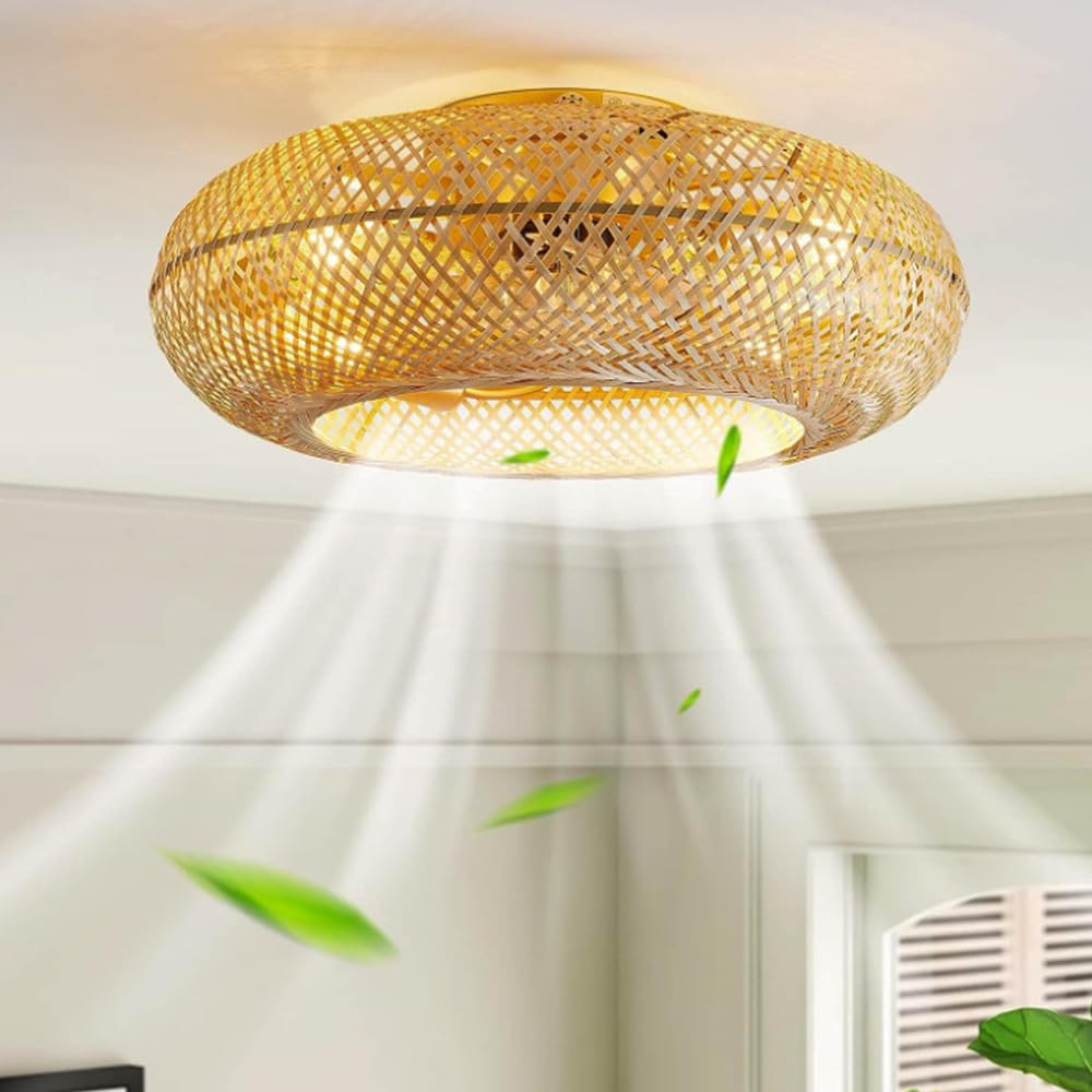 Plafondventilator met Verlichting en Afstandsbediening E27 Rotan Bamboe Handgeweven Natuurlijke Retro Ventilator Plafondlamp 6 Snelheden Stille Ventilatorlamp voor Slaapkamer Woonkamer Eetkamer Licht