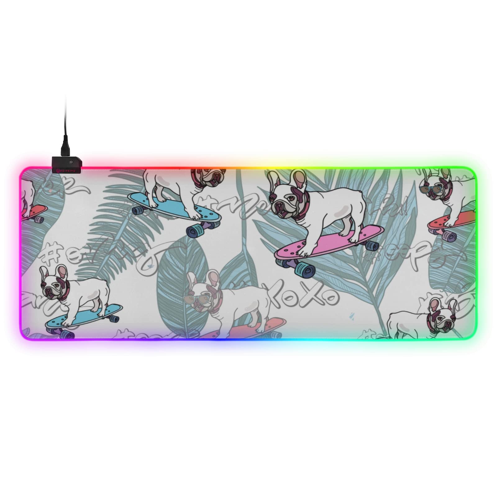 Large RGB Gaming Mouse Pad French Bulldog On Skateboard Tropical Leaves Glowing Extended Mousepad 35 4x15 7in Soft