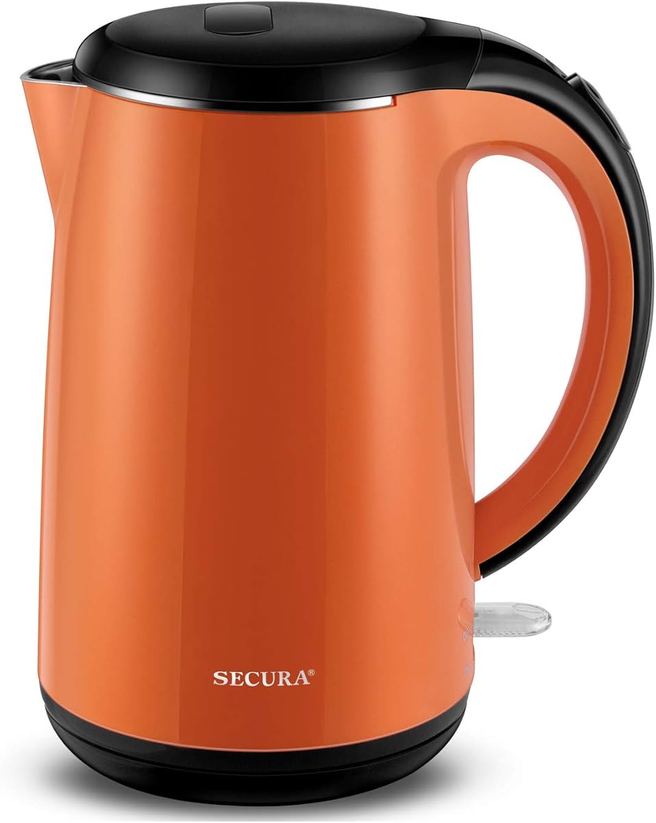 Secura Original Stainless Steel Double Wall Electric Water Kettle 1.8 Quart with Auto Shut-Off & Boil-Dry Protection, Orange SWK-1701DO/HB-3227B