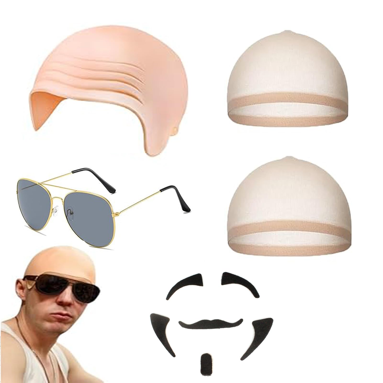 5 Pcs Bald Caps for Adults Bald Head Wig Cap Costume Set, Mr Worldwide Accessory with Latex Bald Cap,Sunglasses