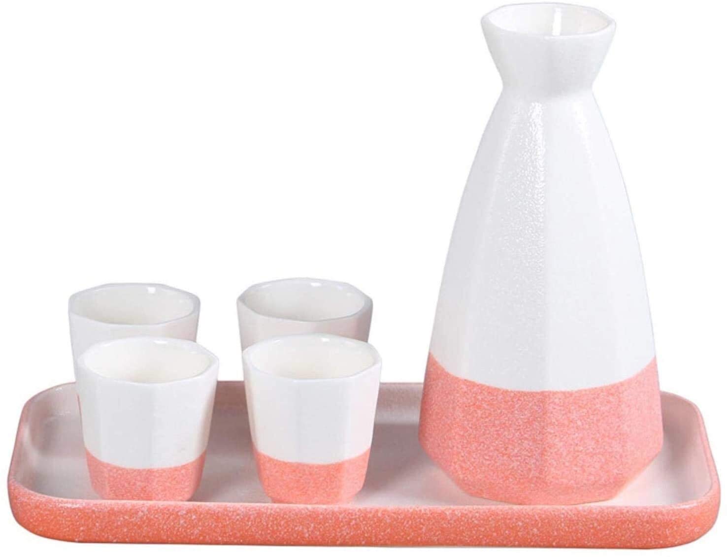 Service à saké en céramique, Bouteille de saké Japonaise Traditionnelle, Bouteille en Porcelaine avec Tasse, Design d'épissure Moderne, 4 Tasses et Plateaux en céramique, 285 ML