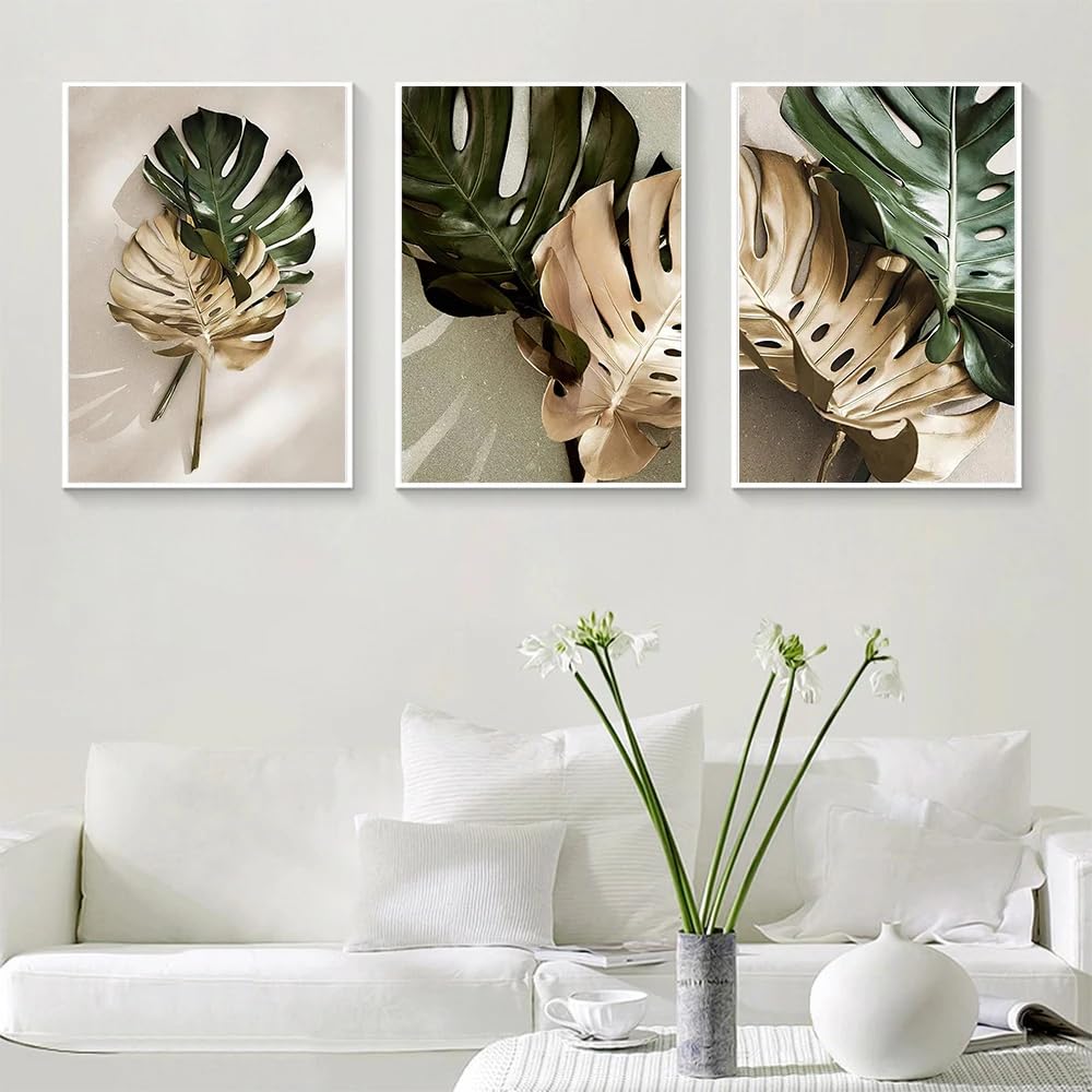 WBYZAC Wall Pictures-Abstract Gold Green Palm Leaves Canvas Wall Art Poster Tropical Plant Wall Painting Picture for Bedroom Living Room Kitchen Office Decor-30 * 50cm*3PCS (No Frame)