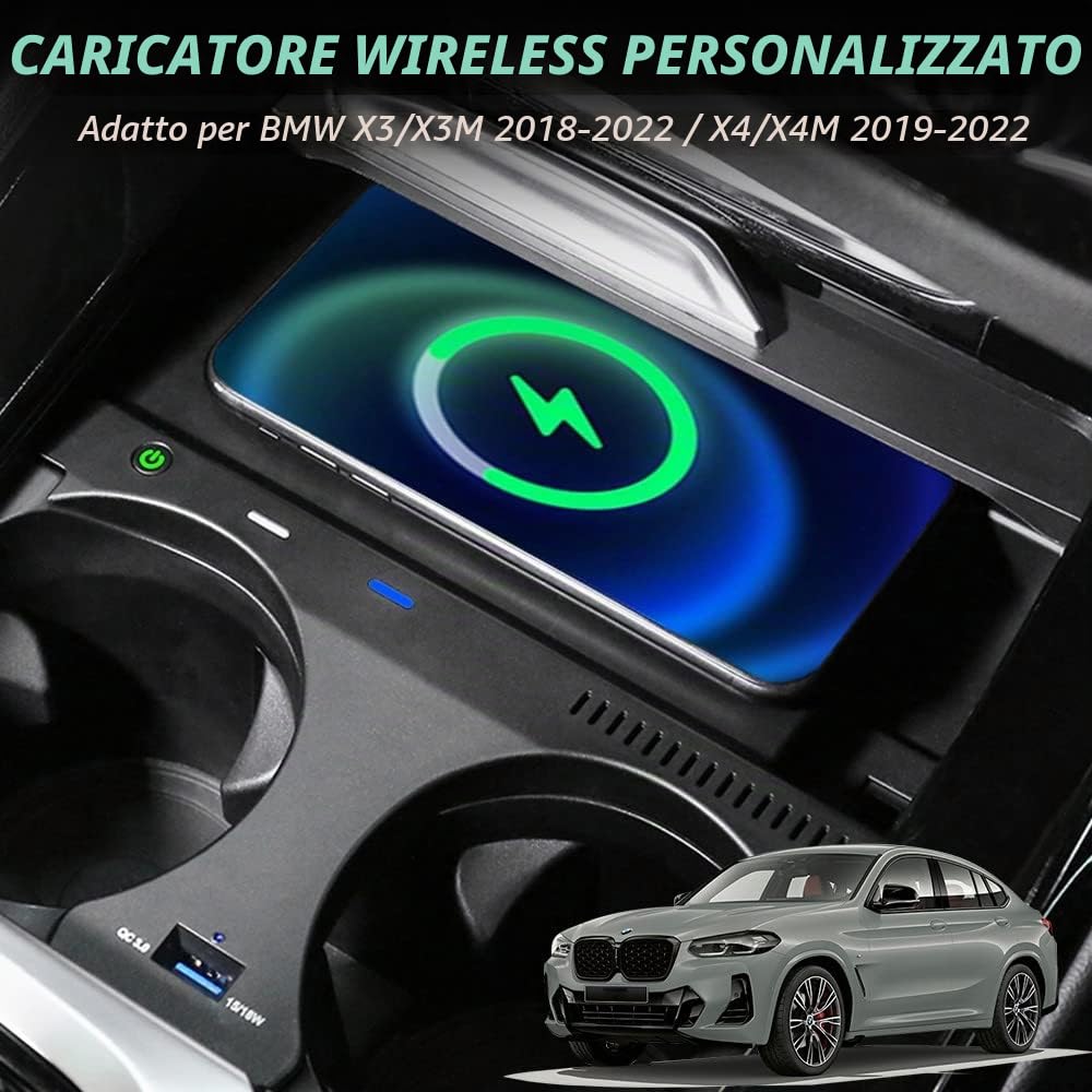 Caricatore Wireless Auto per BMW X3 X3M 2018 2019 2020 2021 2022, per BMW X4 X4M 2019 2020 2021 2022, 15W Rapida Ricarica Telefono Pad per BMW G01 G02 Accessorio, Regalo per BMW Possessori