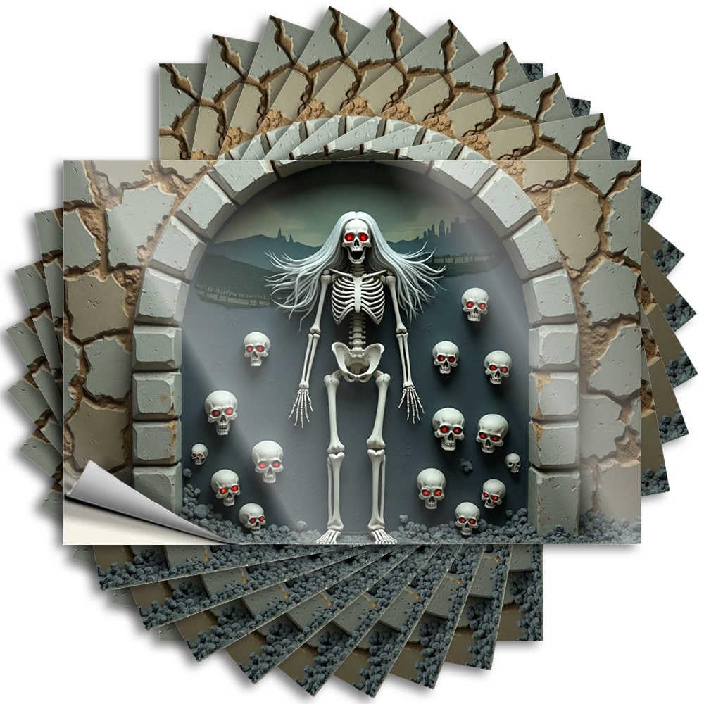 Decal Good Tiki Decorations Waterproof - A Haunting Scene with A Skeleton and Red-Eyed Skulls Garage Self Adhesive Decal for Teacher Use(12X18CM)
