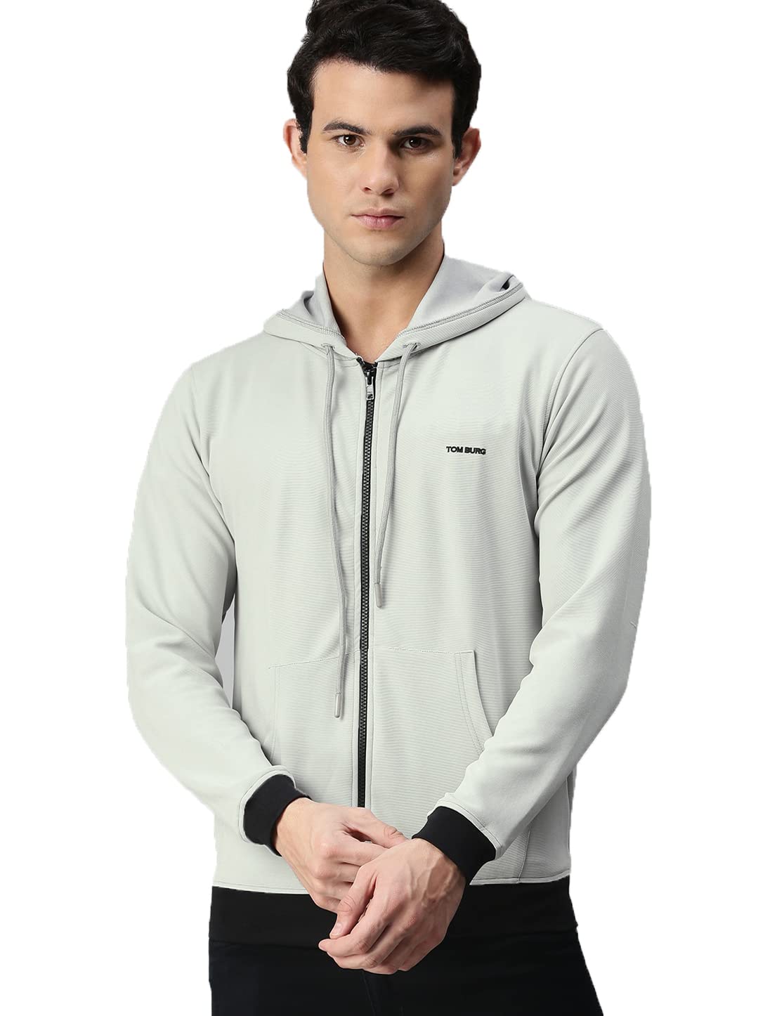 Men Grey Solid Zipped Hoodie-image-1