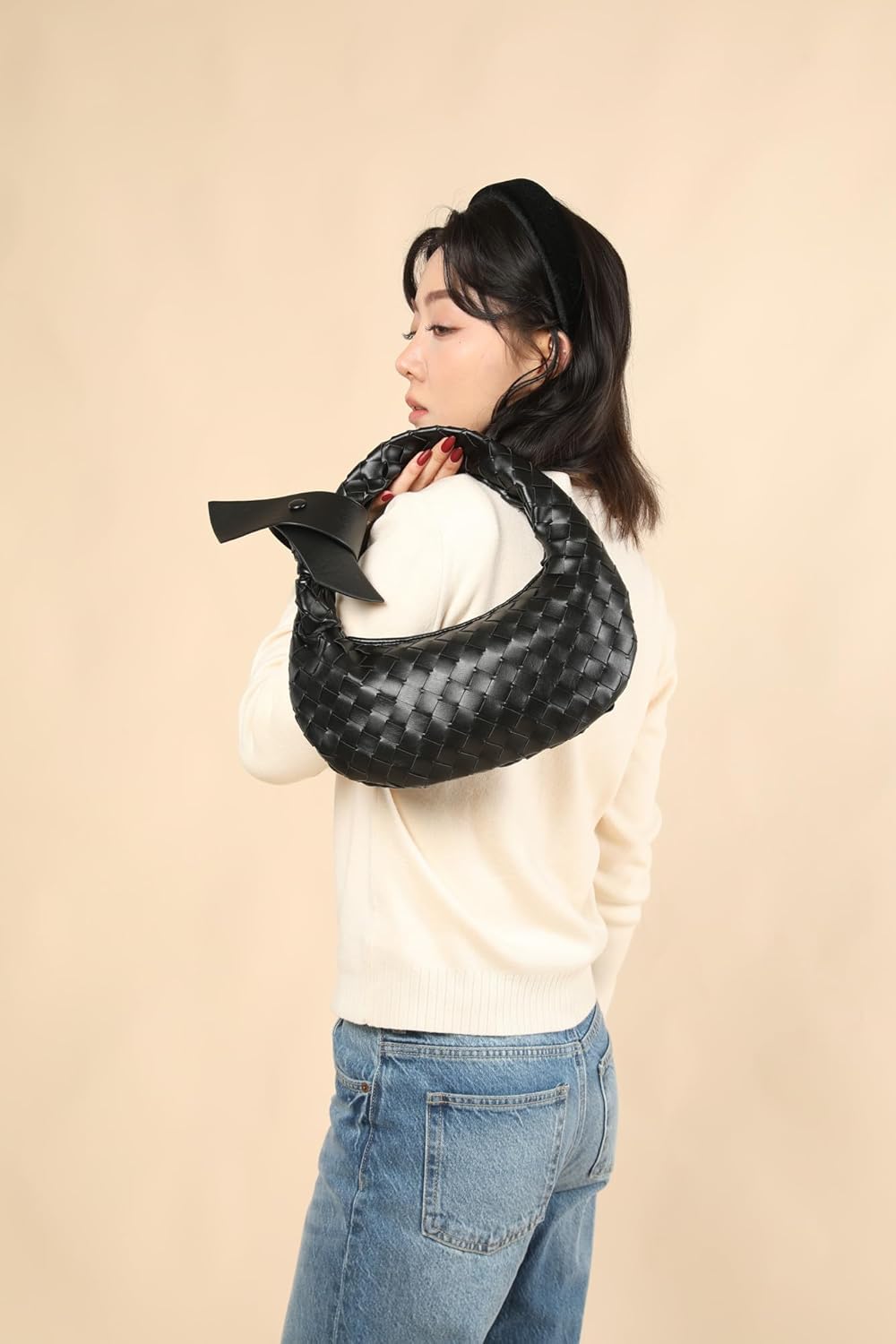 Leather Woven Knot Clutch Dumpling Hobo Top Handle Bag - Image 3